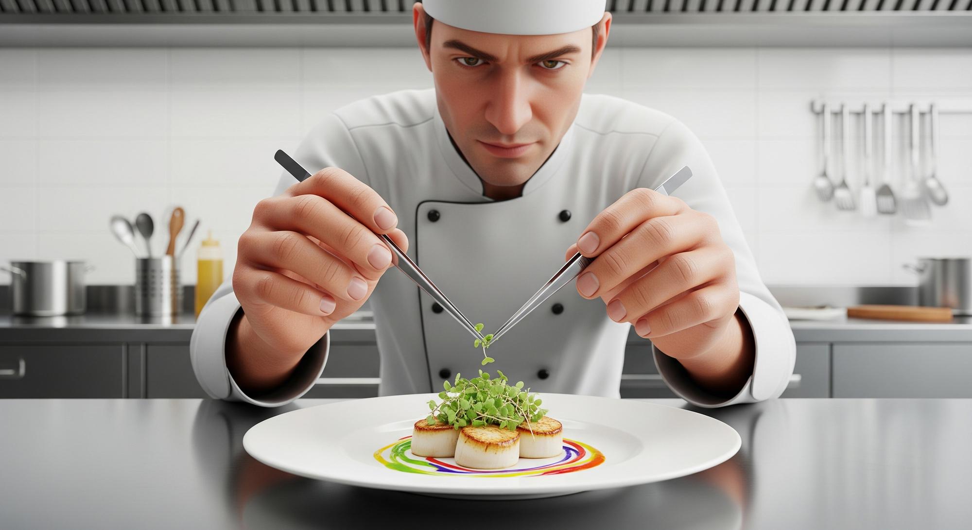 Chef che presenta un piatto colorato